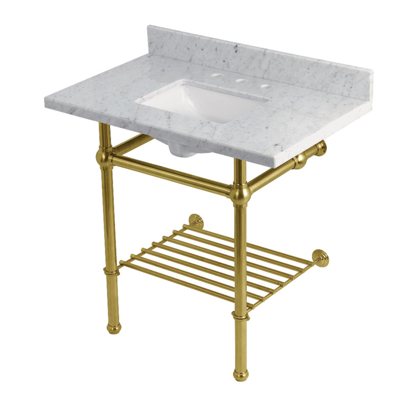 Kingston Brass Templeton 36-Inch Carrara Marble Console Sink with Brass Legs and Shelf (8-Inch, 3-Hole)