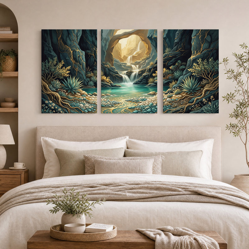 Ensemble de 3 toiles murales représentant une cascade turquoise sous une arche dorée ornée de plantes succulentes