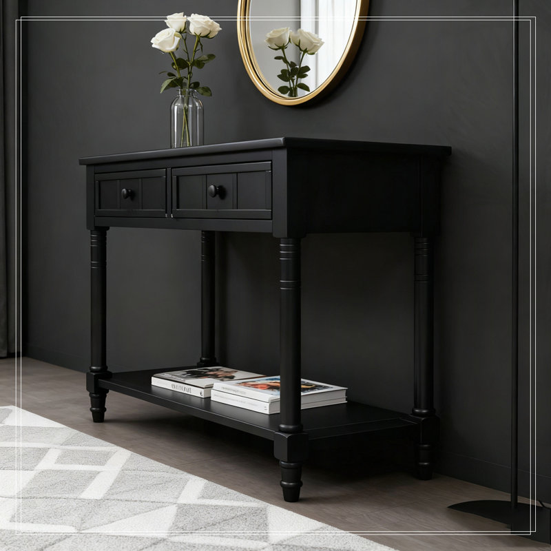 Console Table with Two Drawers and Bottom Shelf, Black