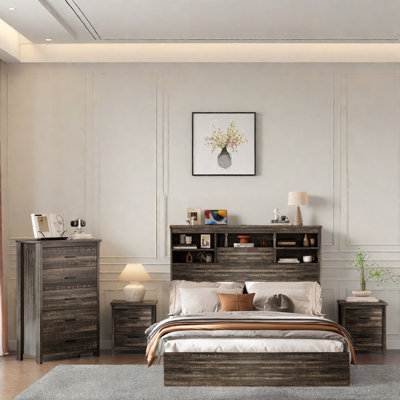 4pcs Bedroom Sets, Wooden Bed With Storage Headboard And Charging Station, 2 Nightstands With 2 Drawers, 1 Dresser With 5 Drawers by Winston Porter