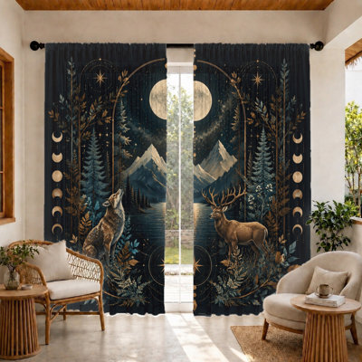 2Pcs Mystical Forest Scene Curtains, Light Filtering Fabric, Vintage Celestial Wolf and Deer Print, Sunshade Privacy Protection, Rod Pocket Design, Perfect for Living Room, Bedroom, Balcony, Kitchen Home Decor