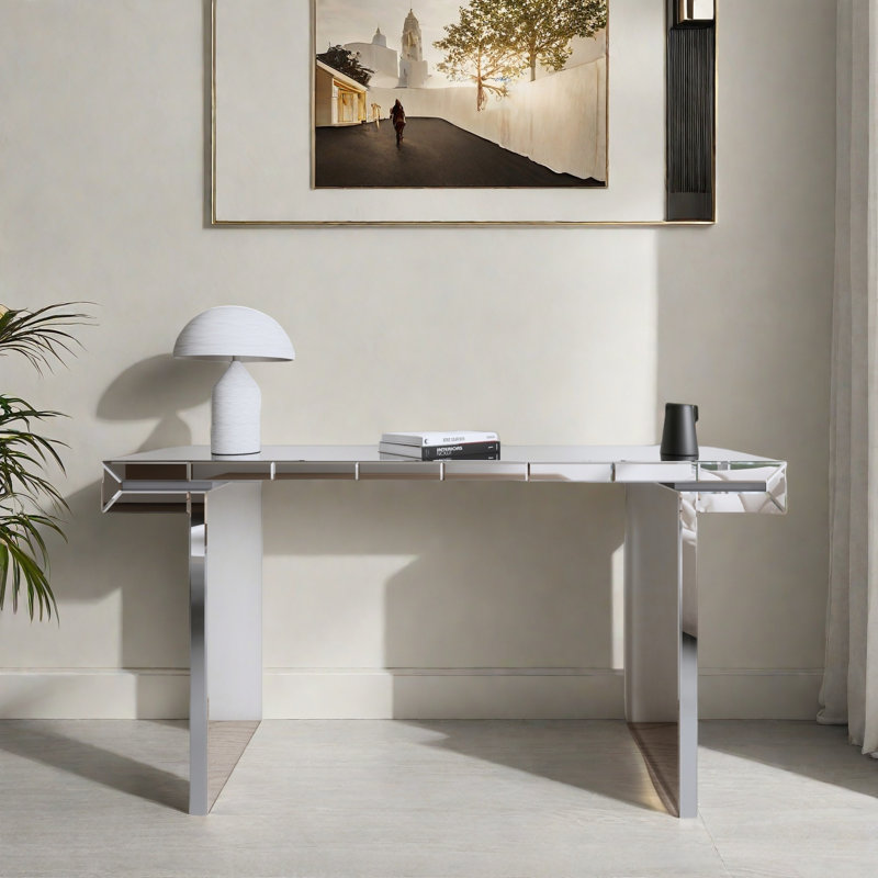 Luxury Full-length Mirror Console Table With Fluted Tempered Glass And Rounded Edge