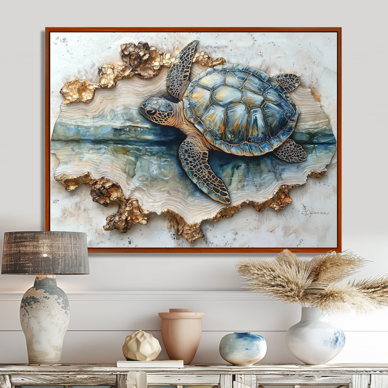 Chua Marble The Turtle S Voyage III - Tortue, art mural, H 34 po x l 44 po, Impression encadrée flottante, Brun