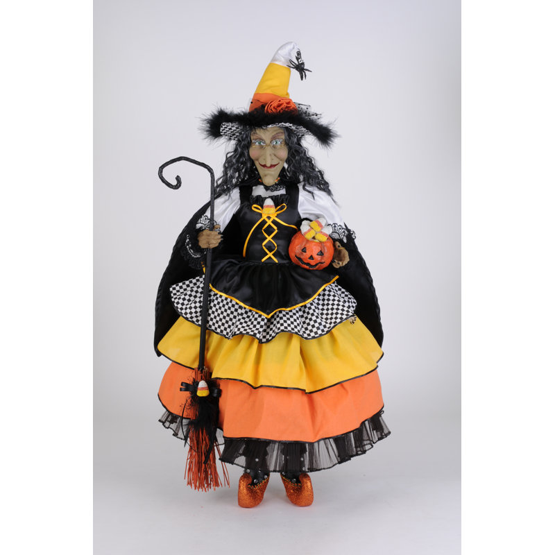 Halloween Witch Figurine with Candy Corn Dress and Pumpkin