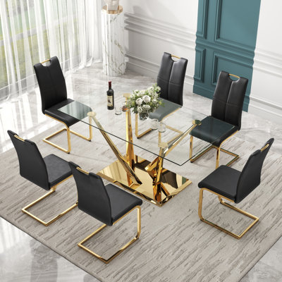 Rectangle Tempered Glass Pedestal Dining Set