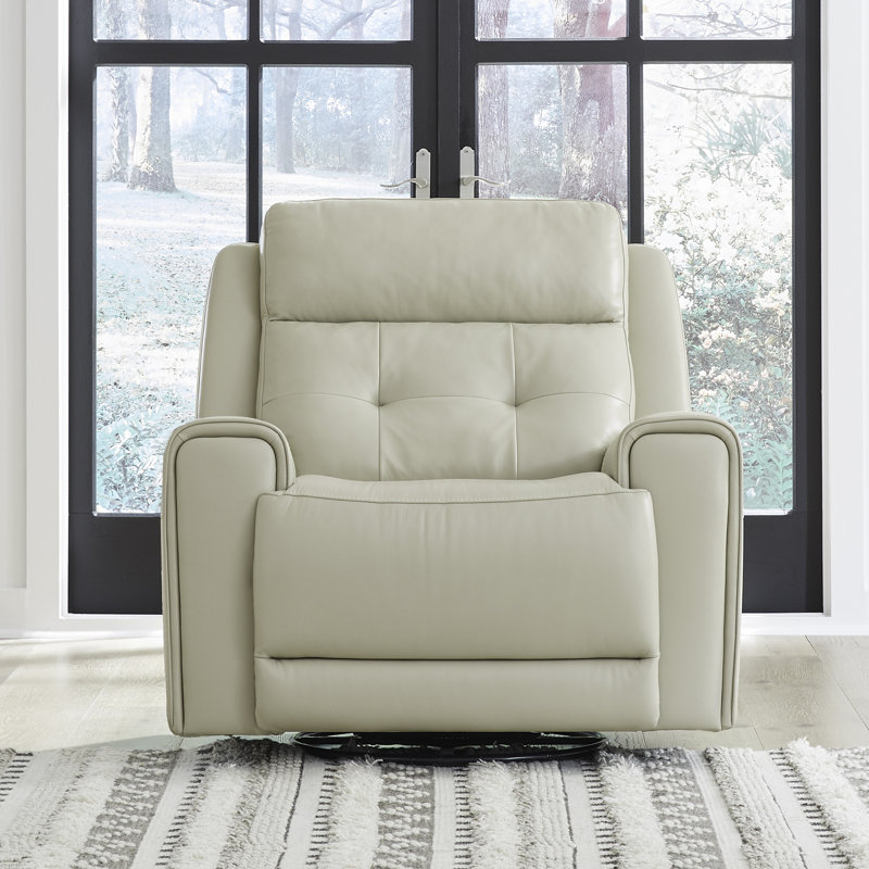 Iavor Swivel Glide Leather Power Recliner w/ Charging Ports, Beige