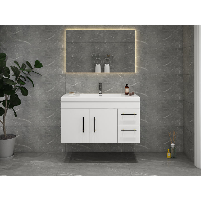 Ensemble de meuble-lavabo simple mural de 42 po Carliss, Blanc, Noir, noir, noir, noir