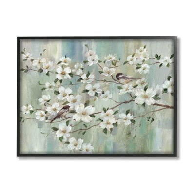 «Delicate Cherry Blossom Flowers Perched Birds Classic» par Nan - peinture sur toile à cadre flottant