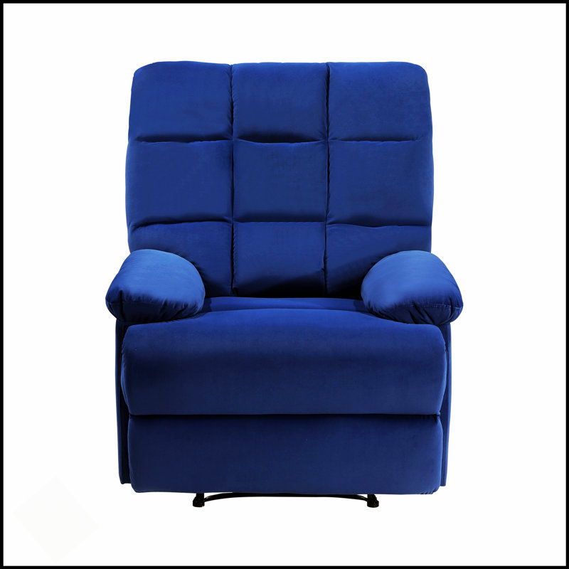 Luxueux fauteuil inclinable en velours bleu avec dossier capitonné carré et accoudoirs à plateau-coussin pour un confort ultime