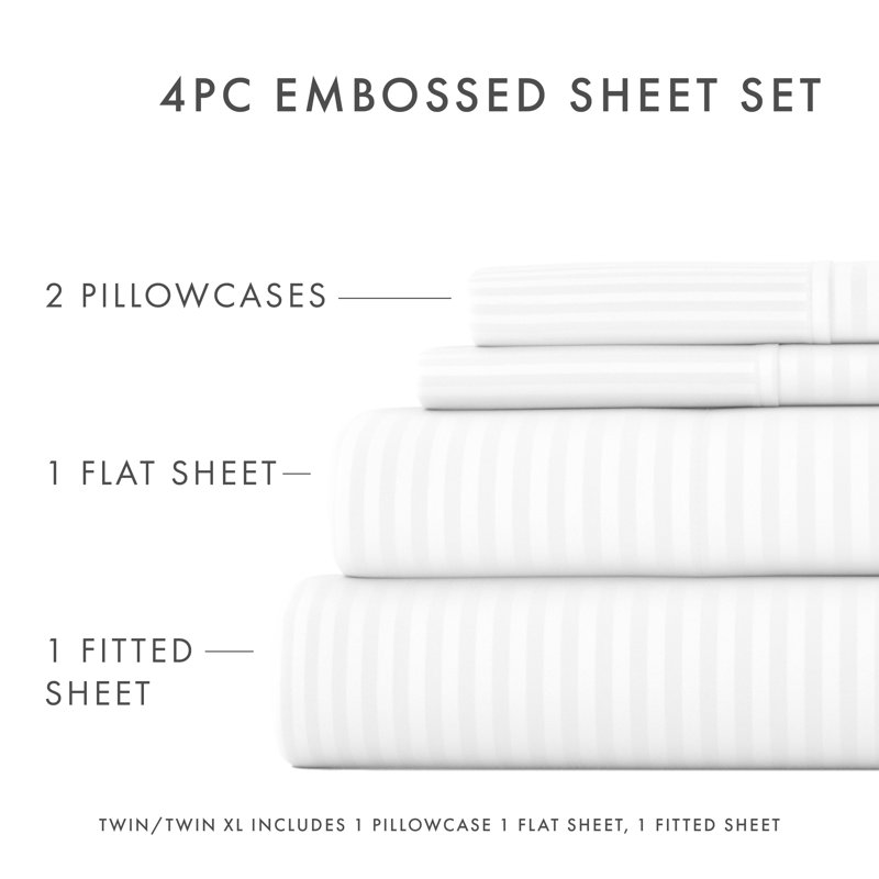 Becky Cameron Striped Embossed 4 Piece Bed Sheet Set, White, Queen Sheet Set + Fitted Sheet + 2 Pillowcases
