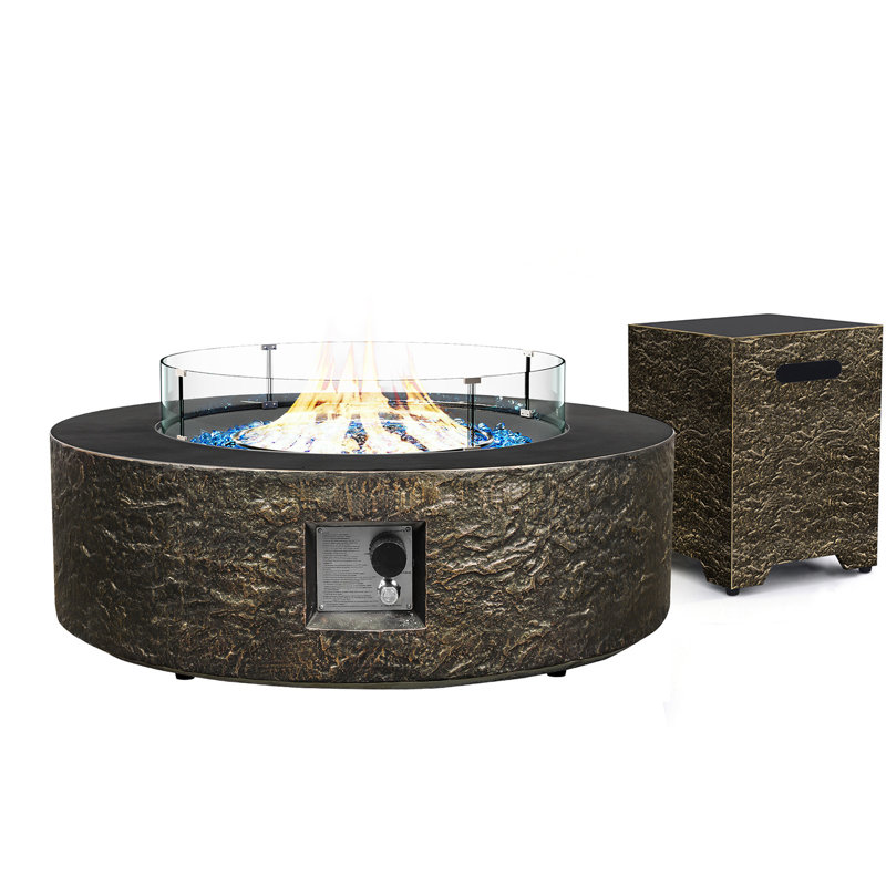 Table de foyer ronde au propane MGO de 107 cm (42 po), finition bronze, avec pierres de verre, pare-vent et housse pour réservoir.