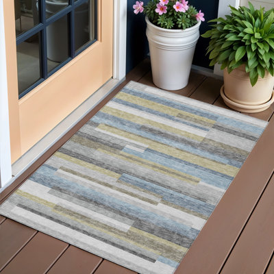 Tapis extérieur lavable rayé 3 pi x 5 pi bleu et bleu ciel