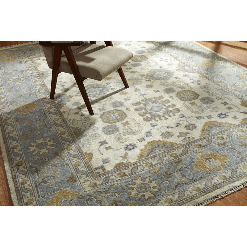 Hand Knotted Wool Ivory/Blue Area Rug, Blue, Rectangle 8' x 10'