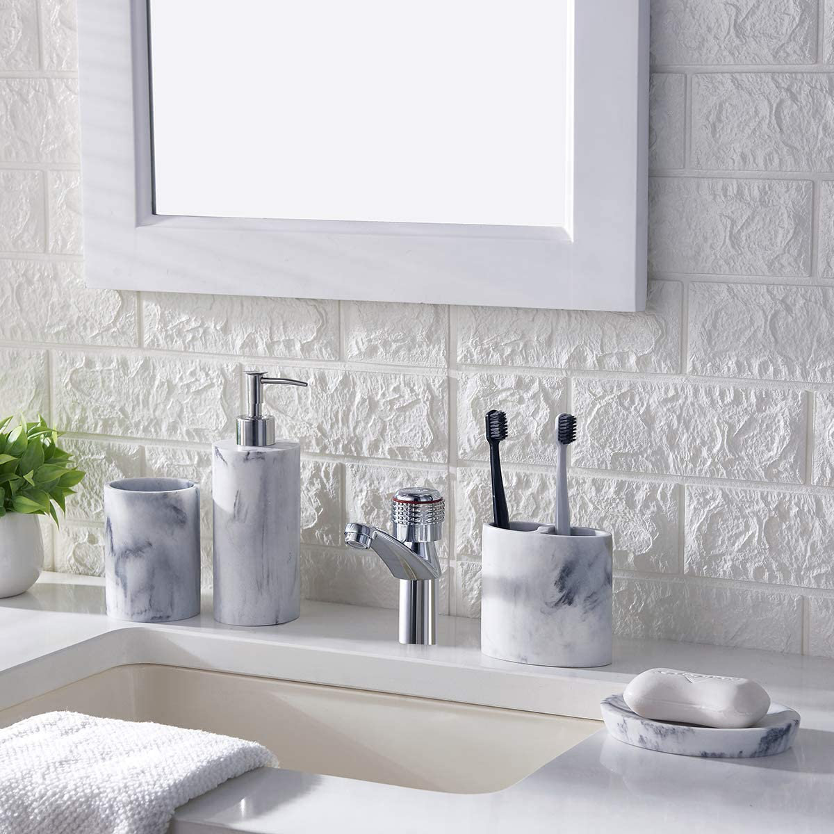 Orren Ellis Bathroom Accessory Set, 4 Pcs Marble Look Bathroom Vanity ...