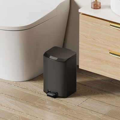 1.6 Gal Bathroom Trash Can, Soft-Close Stainless Steel Step Garbage Can w/ Square Wide Opening and Removable Inner Liner, For Kitchen, Bathroom, Bedroom, Home Office (Black)