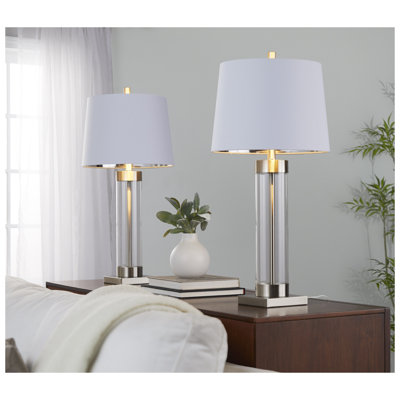Set of 2 Contemporary Clear Glass Table Lamps with Brushed Nickel Base and White Linen Shades, 30.25" H