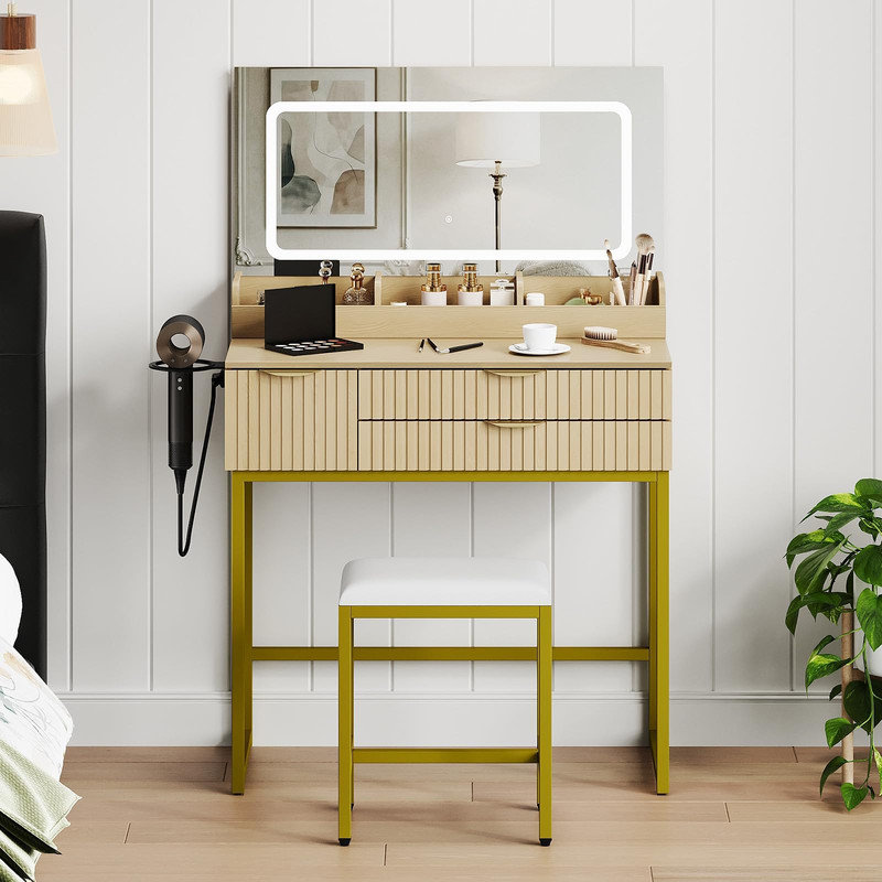 Meuble-lavabo 31 po avec miroir éclairé, prise de courant, tiroirs et support pour sèche-cheveux, Beige