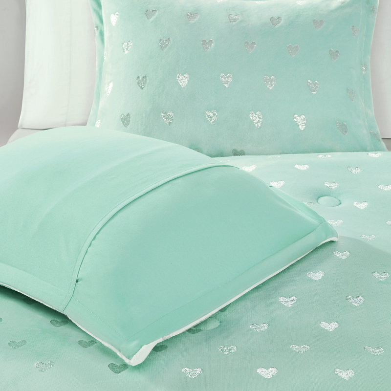 Pink Microfiber Full Kids Comforter Set with Metallic Hearts