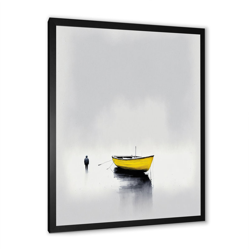 Bateau de brouillard jaune sur le lac II - impression, Cadre photo noir, H 20 po x l 12 po x P 1 po