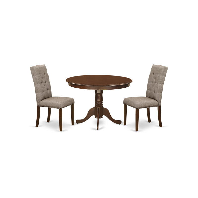 L'ensemble de table de salle à manger 3 pièces comprend une table de salle à manger ronde avec piédestal et 2 chaises de cuisine revêtues de tissu de lin kaki foncé, acajou