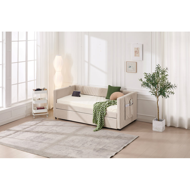 Twin Size Upholstered Daybed With Trundle,Usb Port ,Side Pockets, Modern V-Grained Backrest Design,No Box Spring Needed, For Bedroom, Guest Room