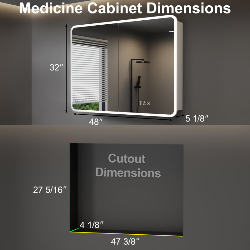 Cynethia Surface/Recessed Mount Medicine Cabinet with Mirror and 3 Adjustable Shelves, Rounded Edge, LED Lighting, Fog-free