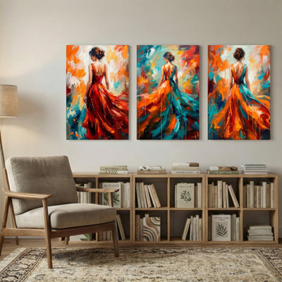 Abstract Woman In Flowing Dress Abstract Art Canvas Set of 3 Canvas Wall Art Prints