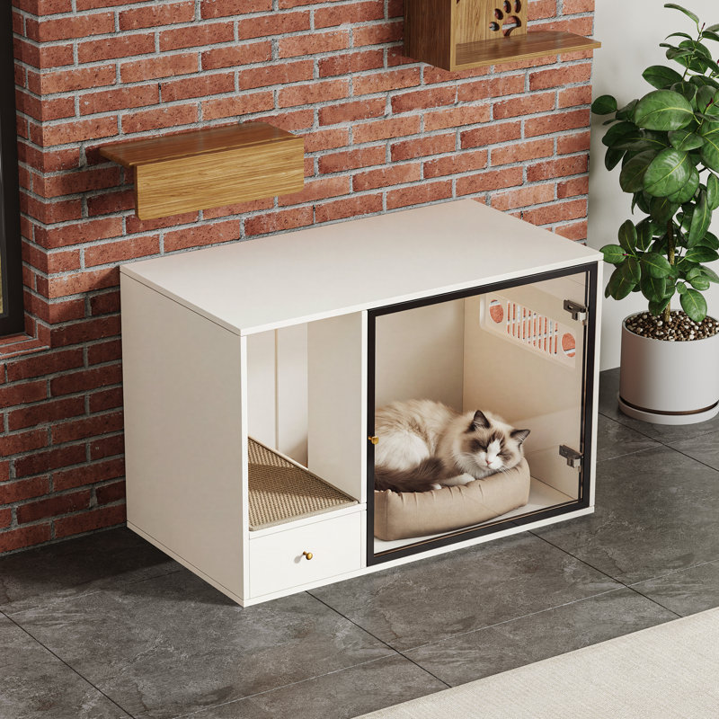 37'' White Cat Litter Box Enclosure, Hidden Indoor Litter Box Furniture With Glass Door and Light, Modern Wooden Kitty House Washroom Sideboard End Table For Large Cats