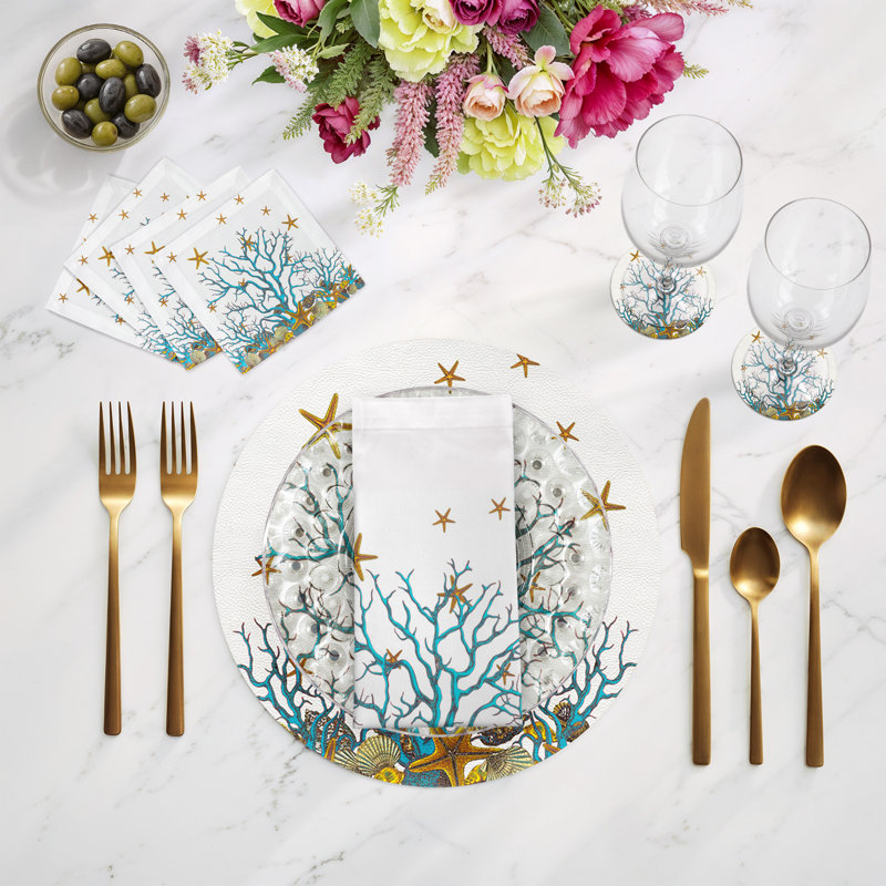 Sous-verres ronds en corail, Blanc turquoise