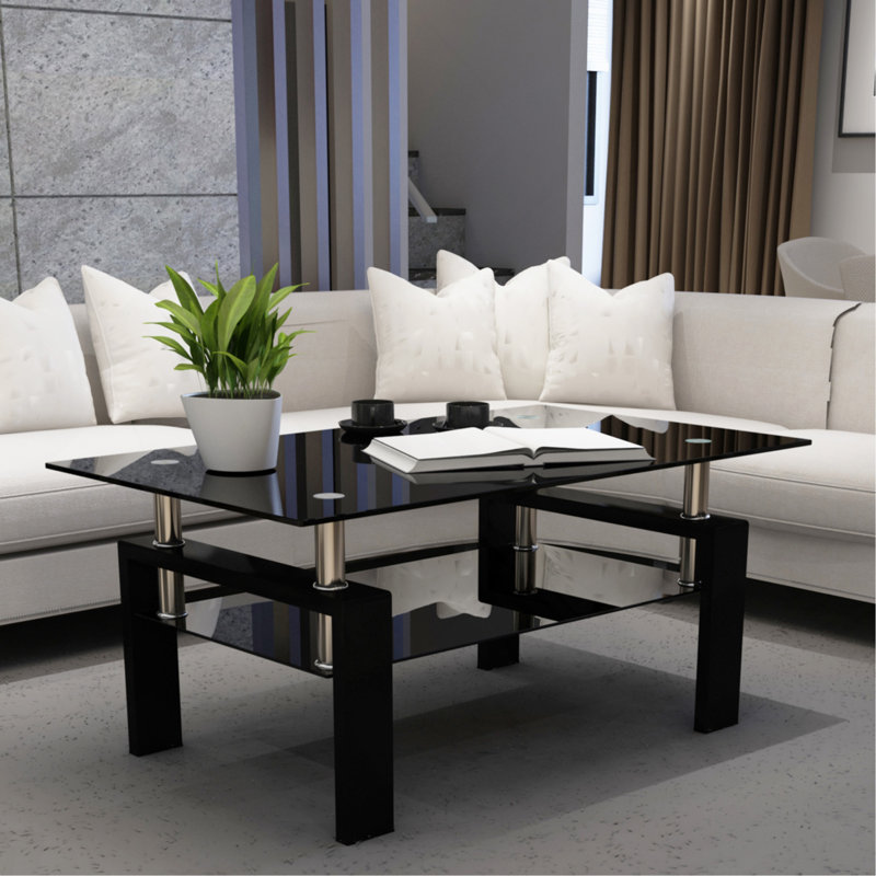 Rectangle Black Glass Coffee Table, Clear Coffee Table,Modern Side Center Tables For Living Room,Living Room Furniture, Black