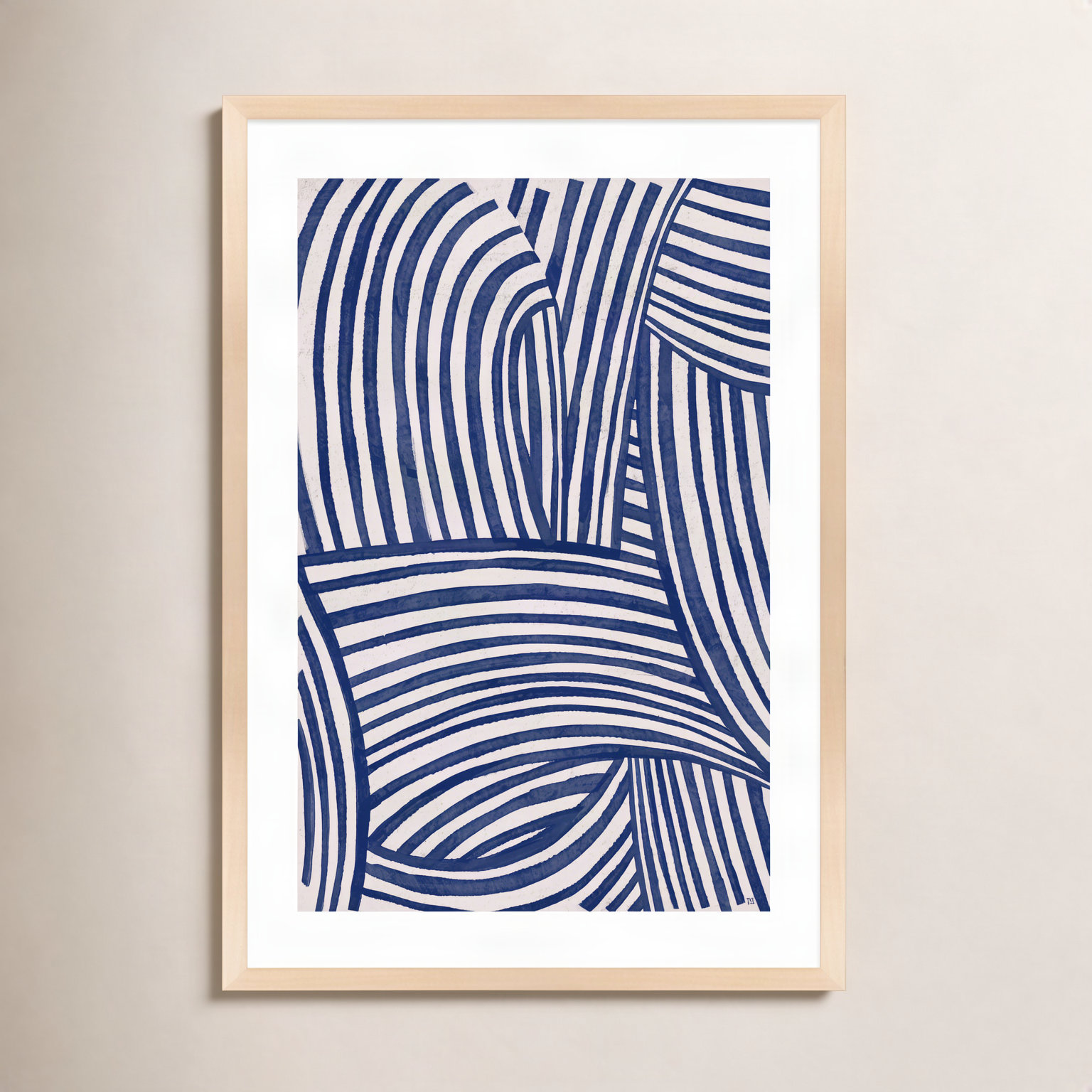 Magnus "Blue Waves 1" Painting by Marco Marella, 14" W x 20" H, Maple Framed