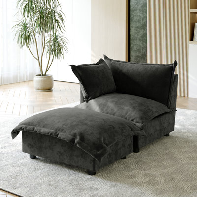 Plush Dark Gray Upholstered Chenille Accent Chair with Oversized Cloud Cushions and Movable Ottoman