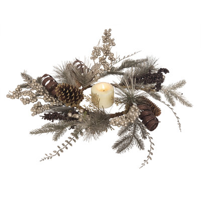 Artificial 18 in. Green Autumn Pinecone Candle Ring