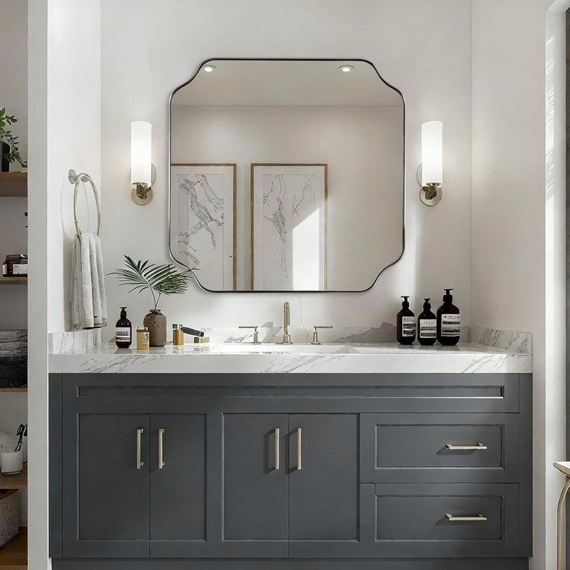 Modern Scalloped Corner Rectangle Bathroom Vanity Mirror | Stainless Steel Frame, Brushed Nickel, 30" x 30"