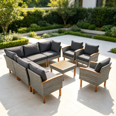 9-Piece Modular Gray PE Rattan Patio Sectional Sofa Set, Acacia Wood Legs & Coffee Table Top, Ergonomic Outdoor Conversation Set with 3.93" Thick Washable Zipper Cushions