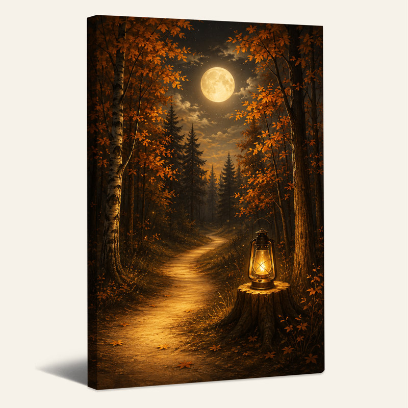 Art mural sur toile Halloween au clair de lune avec lanterne sur souche, 24"H x 16"W