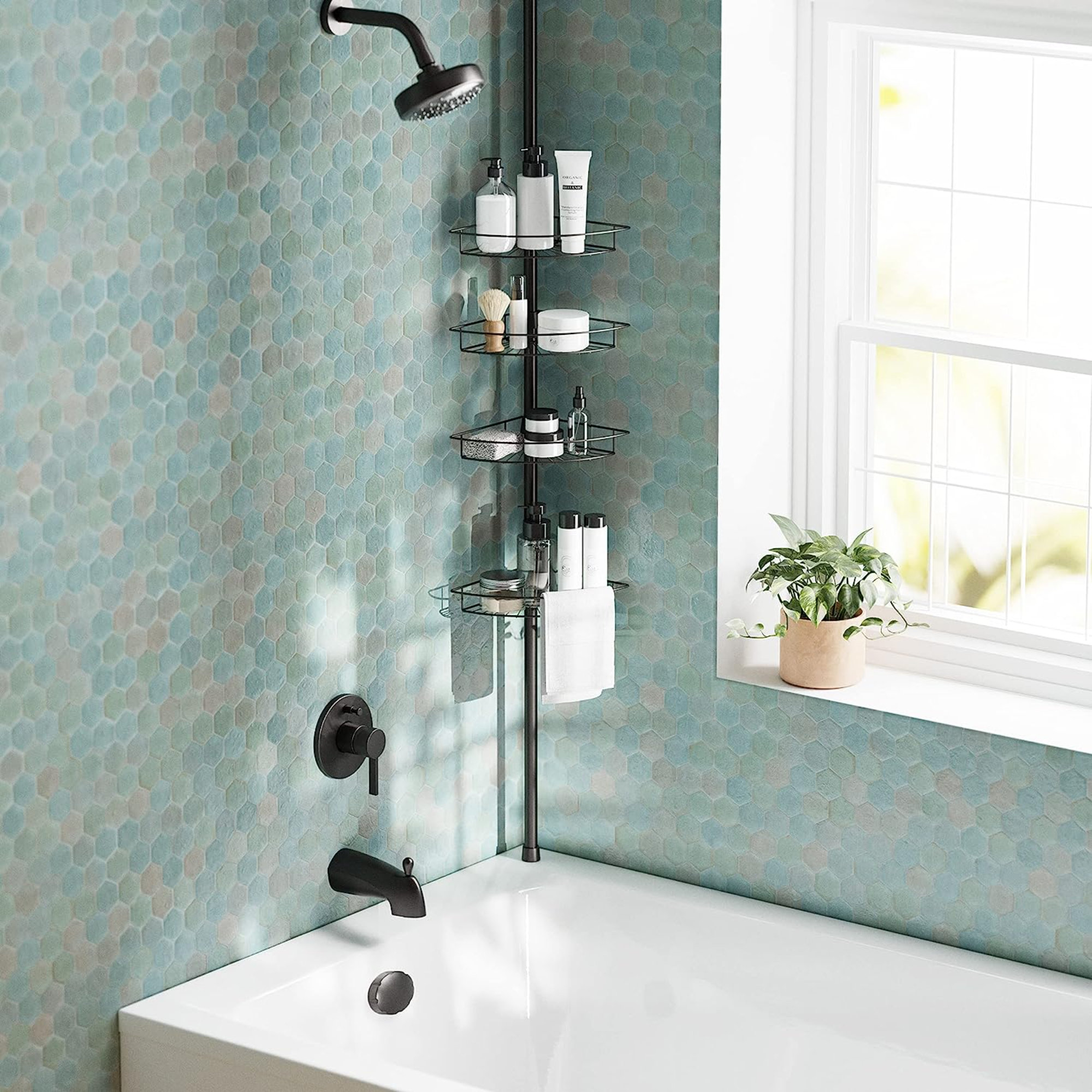 iDesign Bronze Steel 4-Shelf Tension Pole Freestanding Shower