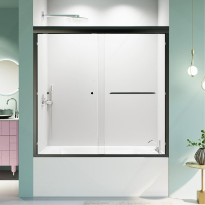 Porte de baignoire coulissante double semi-sans cadre, porte de douche à dérivation l 56-60 po x H 58 po avec verre trempé de 6 mm