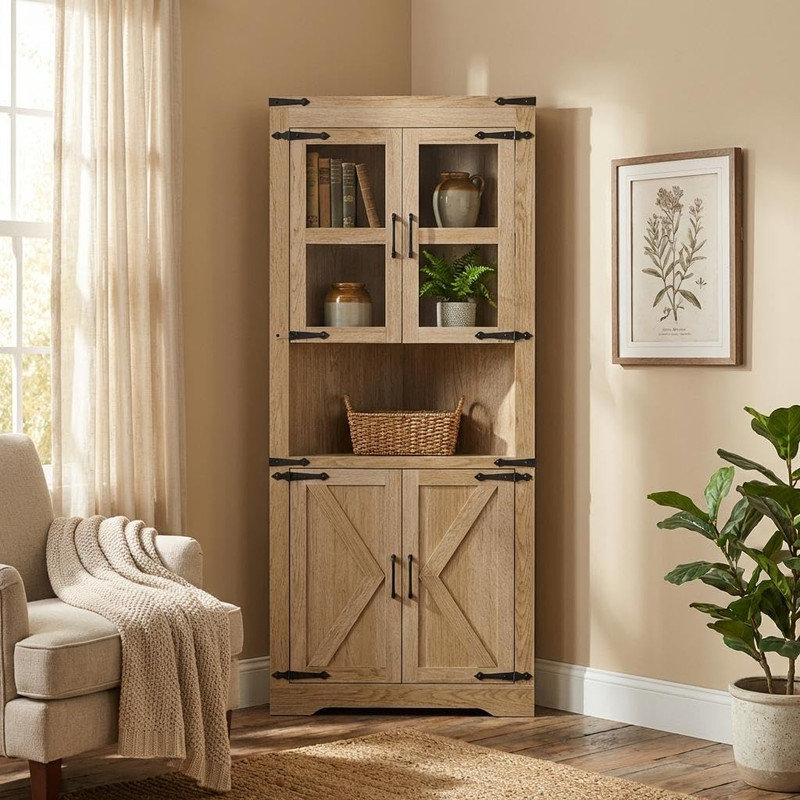 69" Tall Triangle Corner Cabinet with Glass Doors & Open Shelf, 6-Tier Space Saver Storage for Bathroom, Living Room, Kitchen, Hallway