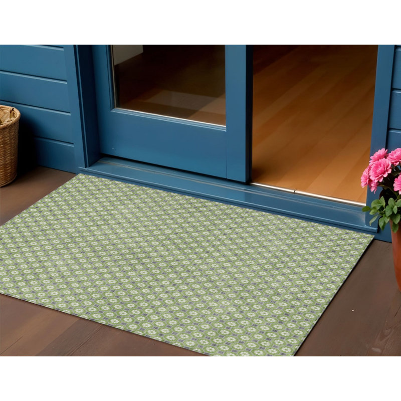 3' X 5' Green And Gray Floral Washable Indoor Outdoor Area Rug