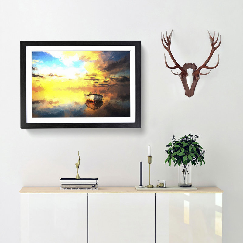 Boat upon a Lake During Sunrise in Abstract - Picture Frame Painting Print, 48cm H x 65cm W x 2cm D, Black Framed