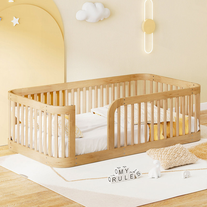 Structure de lit en bois avec clôture, Naturel, Lit simple