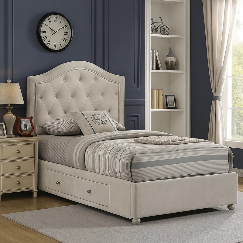 Lit double Rex avec rangement et tête de lit arquée capitonnée beige, Complète