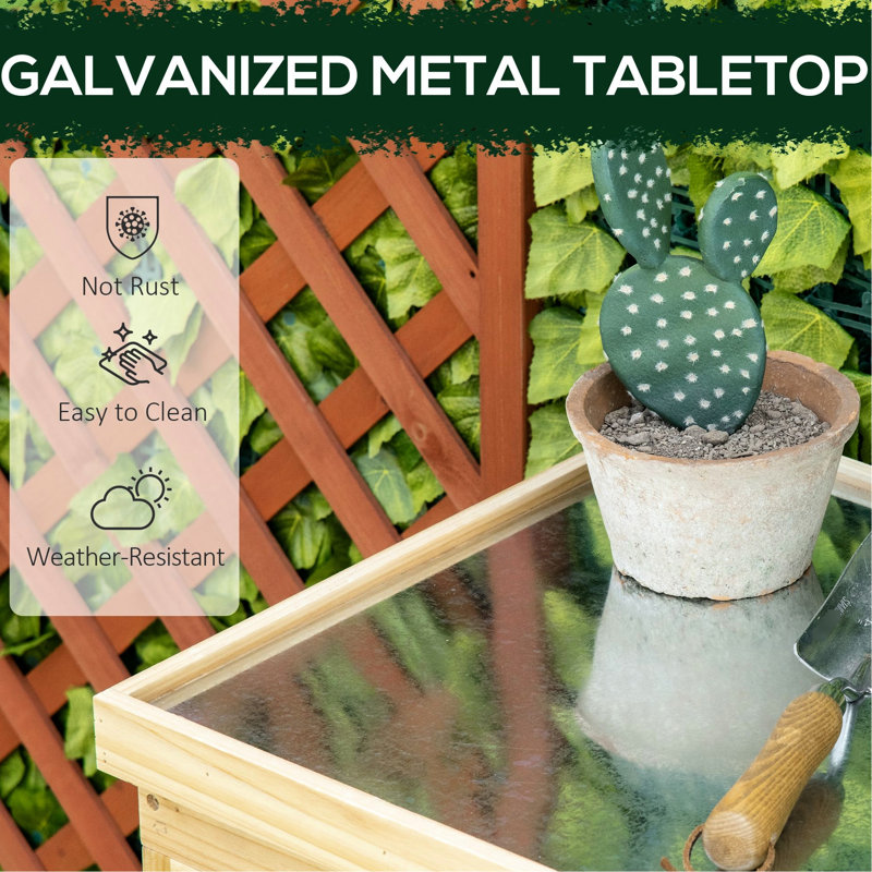 Contenant de jardin avec couvercle galvanisé. Deux tablettes pour les outils de jardin. Finition naturelle, rouille - construire une armoire à outils à l'extérieur. Plateau en métal, 2 aspect bois, pluie