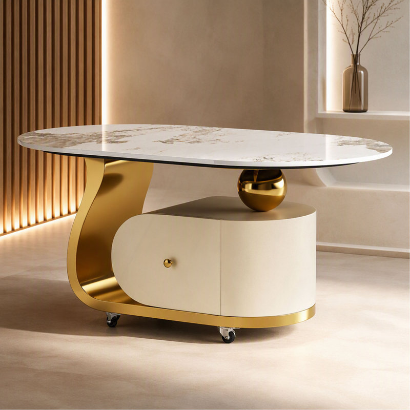 Table basse en pierre frittée de 39,4 po avec tiroir, base en acier inoxydable et 4 roulettes verrouillables, table de bout ovale mobile moderne pour le salon, assemblage facile ()