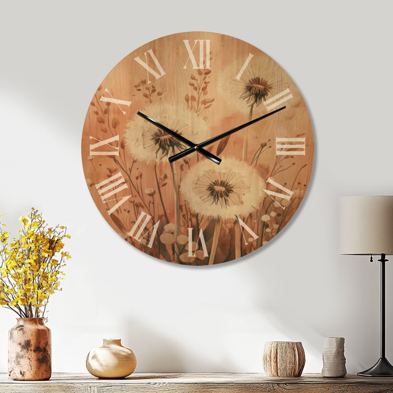 Champ de pissenlits d'automne - Horloge murale ronde en bois brun de style bohème, Medium