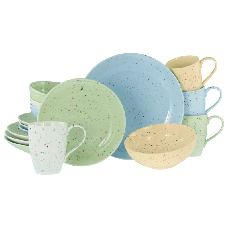 Confetti Piece Stoneware Dinnerware Set - Service for 4, Blue/Green/Yellow/Cream