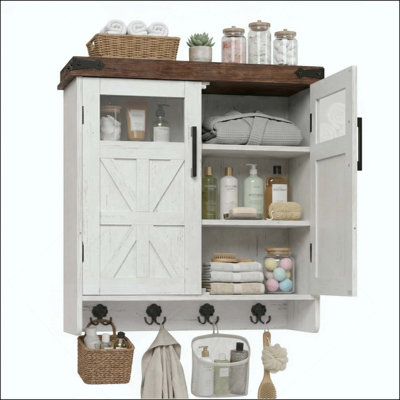 Over-The-Toilet Bathroom Wall Cabinet, Wall Mounted Medicine Storage Organizer with Adjustable Shelves and Towel Hook, Space Saving Design for Bathroom Kitchen Garage