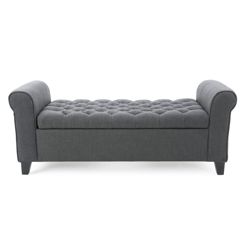Claxton 50 Inch Contemporary Button Tufted Upholstered Storage Bench with Flip Top, Rolled Arms, Soft Close Hinges, Fabric