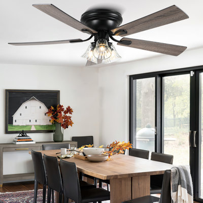 52'' Farmhouse Flush Mount Ceiling Fan with Light and Remote Control, Vintage Low Profile Chandelier Ceiling Fan with Clear Glass